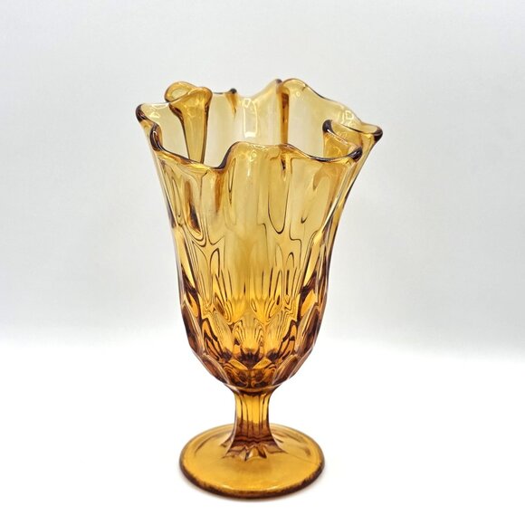 Vintage MCM FENTON GLASS Vase Amber Thumbprint Handkerchief Footed Swung EC - Picture 1 of 9